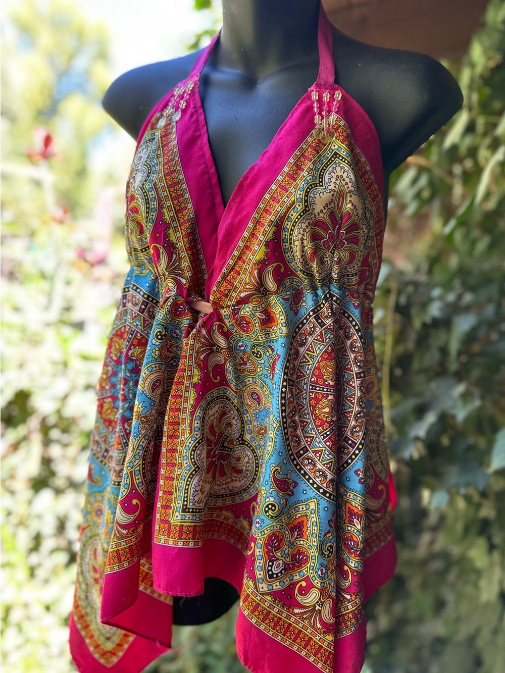 Hand Crafted Pink Multicolor Paisley Halter Tank Top